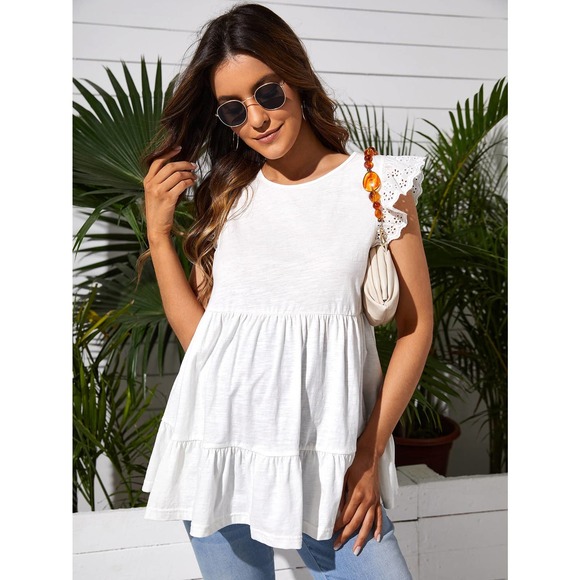 Maternity short Sleeve Ruffle Hem peplum Tee white boho - Picture 1 of 5